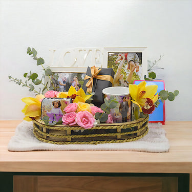 Flower of Love, Classic Box Arrangement, Rose Creme, Cymbidium, Spray Rose, Eucalyptus, Personalized Gift, Native Basket